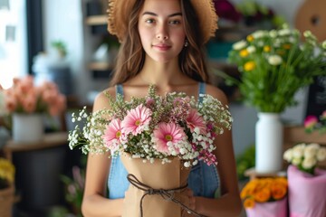 A joyful woman stands with a dazzling bouquet of flowers, expertly arranged in a fashion accessory, showcasing her passion for floristry and adding a touch of nature to her indoor space