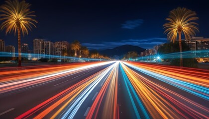 Fototapeta na wymiar night city traffic in palm Boulevard, long exposure 
