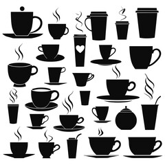 Black and white silhouettes of various coffee and tea cup designs, showcasing different styles and shapes with steam rising from some cups.