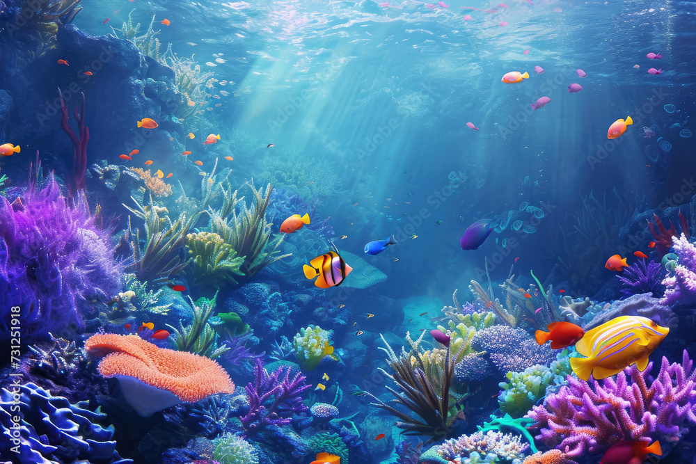 Wall mural Create an underwater scene with colorful coral reefs and tropical fish swimming around - Wall murals