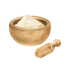 Watercolor wooden bowl with flour and wooden spoon. Hand drawn illustration, perfect for cooking book, menu.