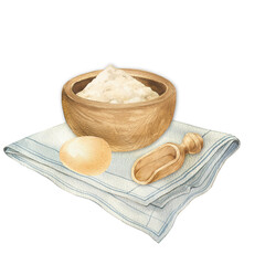Watercolor wooden bowl with flour and wooden spoon on blue napkin. Hand drawn illustration, perfect for cooking book, menu
