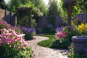 Design a serene and tranquil garden with blooming flowers and a gentle breeze