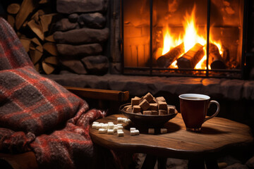 Generate a cozy and inviting background with a fireplace crackling and a warm cup of cocoa