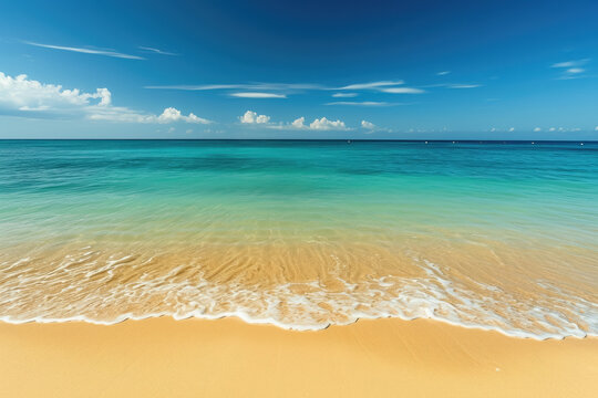 Imagine a sunny beach with golden sand and crystal clear turquoise water