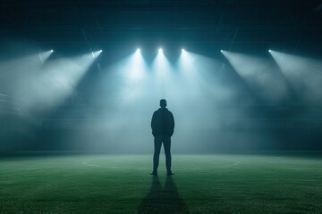 Immortalize the bittersweet scene of a female sportstar standing under the spotlight in an otherwise empty stadium, her emotions laid bare as she grapples with the loneliness of competing - obrazy, fototapety, plakaty