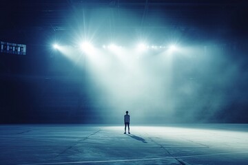 Immortalize the bittersweet scene of a female sportstar standing under the spotlight in an otherwise empty stadium, her emotions laid bare as she grapples with the loneliness of competing