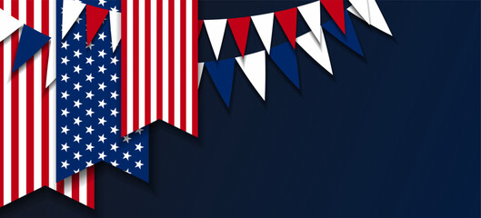 United States american patriotic papercut banner, background, web, card, poster, cover, label, flyer, layout. Flag USA  garland  lights. Media print for presentation, information, election meeting 