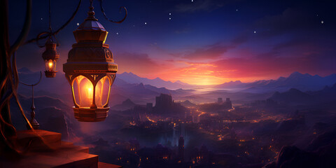 Background themed Ramadan month with hanging lantern and Crescent moon
