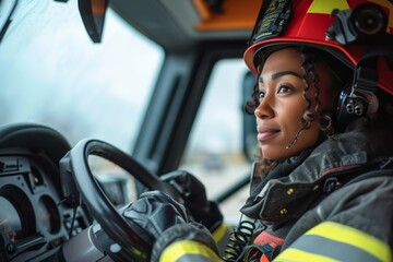 A brave woman wearing firefighter clothing confidently drives a fire truck through the outdoor landscape, ready to rescue those in need - Powered by Adobe