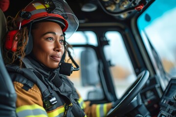 A brave firefighter sits in the cockpit of their vehicle, ready to tackle any outdoor blaze, their determined face hidden behind protective clothing as they don headphones like a pilot about to take 