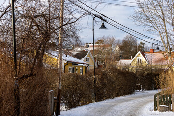 Dalaro, Sweden Houses on a small snowy street.