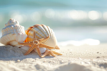Banner summer background with white sand. Seashell and starfish on the beach