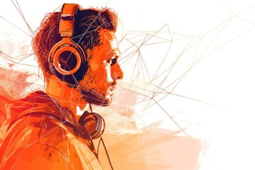 Image of a DJ wearing headphones in the studio Geometry in vector on a white-orange background.