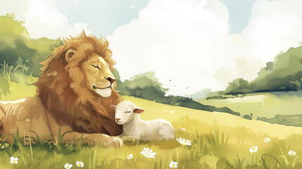 christian motive, watercolor painting of a lion and lamb lying peacefully next to each other, childrens book, with space for text