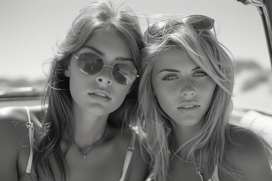 Capture the essence of friendship and adventure with a fashion shoot featuring two girlfriends on a road trip, cruising down the highway in a dynamic low-angle black and white photograph