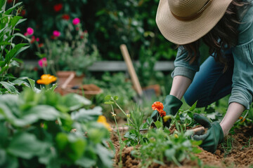 close-up of a woman working in a flowerbed near the house
