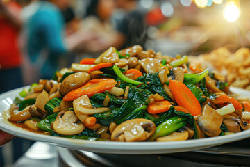 close-up shot of a plate of stir-fried vegetables, with bok choy, mushrooms, and carrots