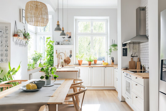 White modern kitchen interior composition. Scandinavian interior design. Generative AI