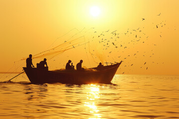 group of fishermen are on a small boat, using a long line with multiple hooks to catch fish