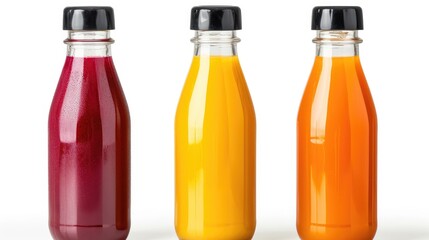 Glass bottles with natural vegetable or fruit juices with black caps without labels isolated on a white background