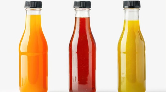 Glass bottles with natural vegetable or fruit juices with black caps without labels isolated on a white background