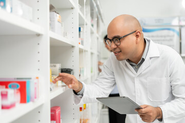 Professional asian man pharmacist checks inventory arrangement of medicine in pharmacy drugstore....