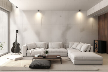 Interior design of modern apartment with bright sofa, table, guitar and home decoration. Interior mockup. Scandinavian interior design. Generative AI