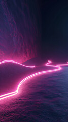 Abstract minimal neon landscape, where glowing lines curve against a dark, illuminated backdrop