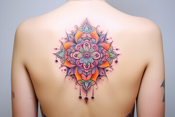 Mandala tattoo on skin. Colors mandala tattoo on back. Woman's tattoo, mandala. Mandala tattoo. Tattoo ideas for women. Tattoo ideas for men. Tattoo parlor. Tattoo artist profession.​