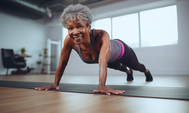 Senior woman practicing yoga at gym, healthy lifestyle for mature people concept. Generated by AI