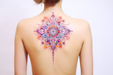 Mandala tattoo on skin. Colors mandala tattoo on back. Woman's tattoo, mandala. Mandala tattoo. Tattoo ideas for women. Tattoo ideas for men. Tattoo parlor. Tattoo artist profession.​