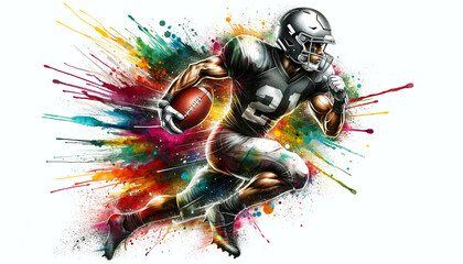 Dynamic illustration of a football player in mid-action,carrying the ball and charging forward,with a vibrant explosion of watercolor splashes in the background,symbolizing motion and energy.AI genera
