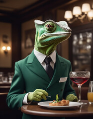 an anthropomorphic chameleon waiter in a green jacket works in a fashionable restaurant