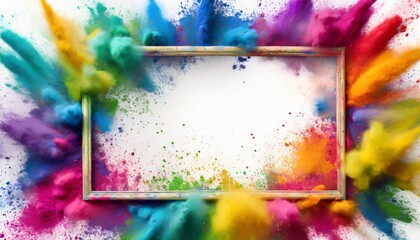 frame border with copy space of colorful rainbow holi paint color powder explosion white background