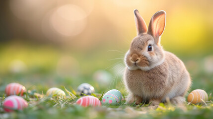 Fototapeta na wymiar Easter bunny in grass with easter eggs