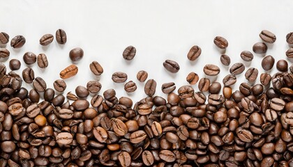 panoramic coffee beans border on white background with copy space