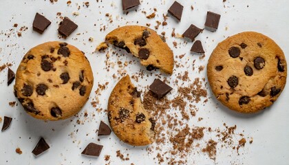 chocolate chip cookies and crumbs on white background top view