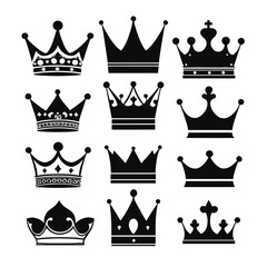 A collection of twelve diverse crown silhouettes showcasing various designs and styles against a white background.