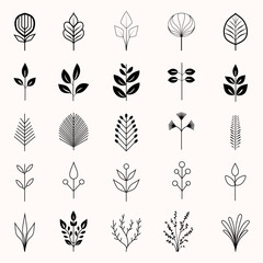 Floral branch and minimalist leaves for logo or tattoo. Hand drawn line designs.Minimal line art drawing for print, cover or wallpaper