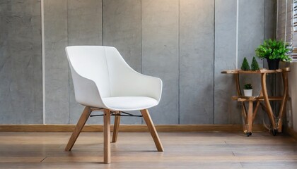 single modern white chair furniture with wood legs with wall in room background