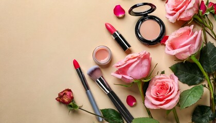 Obraz na płótnie Canvas flat lay composition with makeup products and beautiful roses on beige background space for text