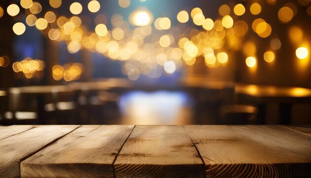 image of wooden table in front of abstract blurred restaurant lights background generative ai