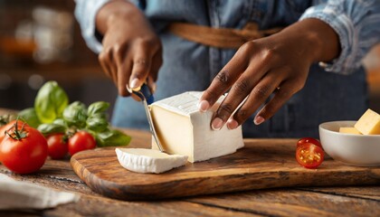Obraz na płótnie Canvas closeup on woman cutting fresh cheese