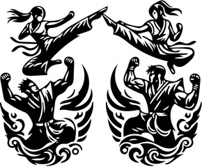 Two martial artists fighting each other, vector illustration of kung fu fighters
