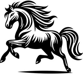Black and white logo illustration of a stallion isolated on white background, horse vector drawing 