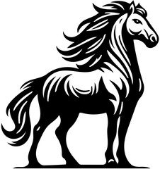 Obraz premium Black and white logo illustration of a stallion isolated on white background, horse vector drawing 
