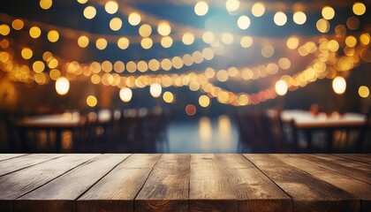 image of wooden table in front of abstract blurred restaurant lights background - obrazy, fototapety, plakaty