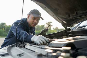 Professional car mechanic maintenance vehicle. The mechanic opens the front of the car. Checking...