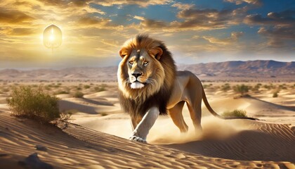 king lion of judah walking through the desert symbolizing spiritual strength and kingship in...
